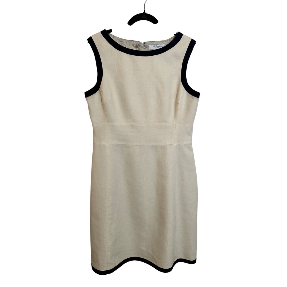 L.K. Bennett London Sleeveless Sheath Dress Size US 12 Ivory Black Trim‎ Linen